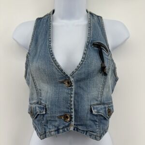 Classic Blue Denim Crop Vest with Button Accents